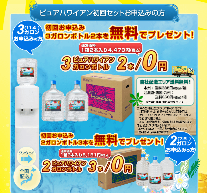 初回お申込み3ガロンボトルお申込みの方は3ガロンボトル2本を無料でプレゼント！2ガロンボトルお申込みの方は2ガロンボトル3本を無料でプレゼント！